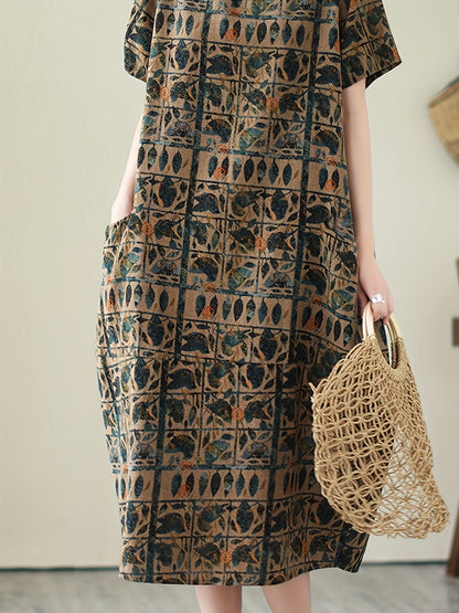 Damen Oversize-Kleid mit künstlerischem geometrisch-botanischem Muster und kurzen Ärmeln – Lässiges Freizeitkleid mit Taschen