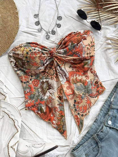 Damen Trägerloses Blumen-Crop-Top mit Knoten-Detail und Schmetterlingsform