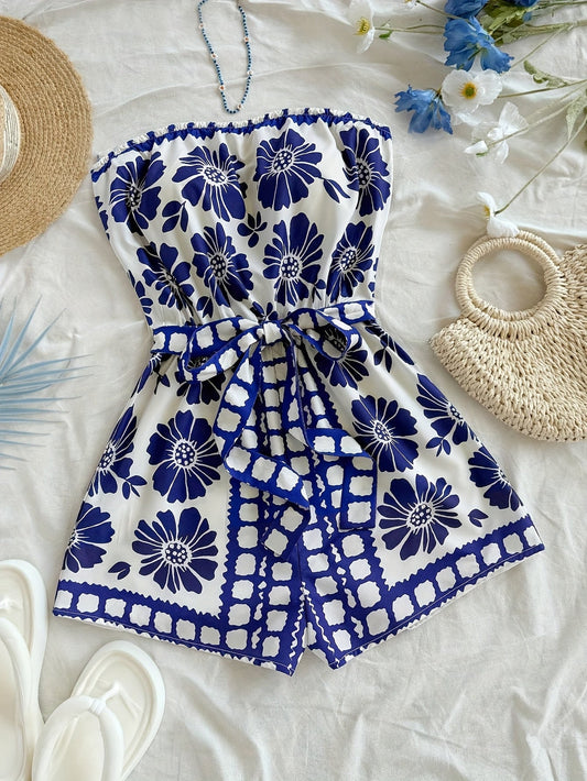 Damen Bandeau Jumpsuit mit Blumenmuster und Taillengürtel – Eleganter Einteiler für Sommer und Urlaub
