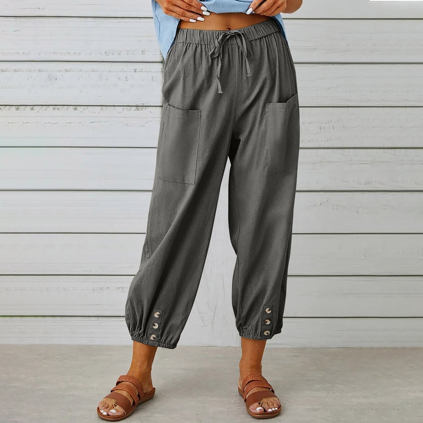 Michelle – Damen Baumwollmischung – Veganes Leinenhose mit Kordelzug und Taschen