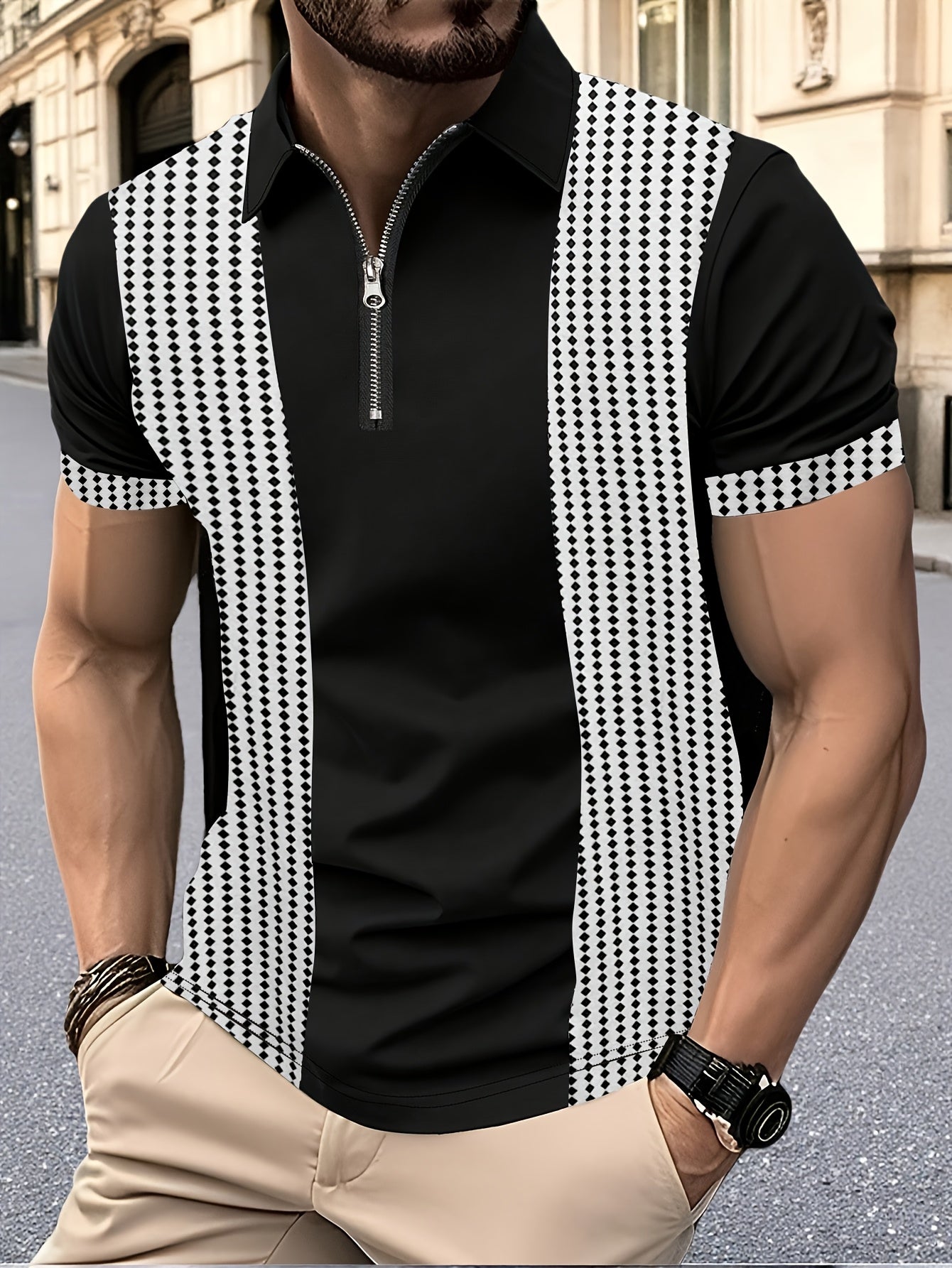 Herren Poloshirt mit modernem Reißverschluss und Kontrastmuster – Stilvolles Freizeit- und Business-Oberteil