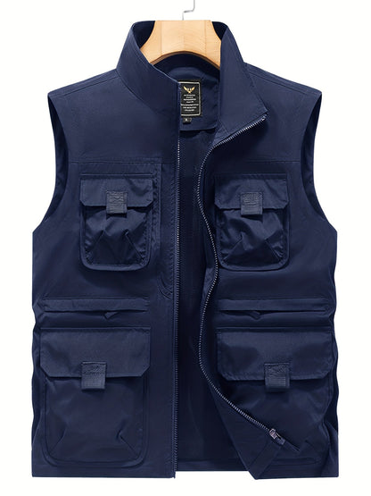 Herren Outdoor Utility Weste mit Stehkragen – Multifunktionsweste für Angeln, Wandern, Freizeit