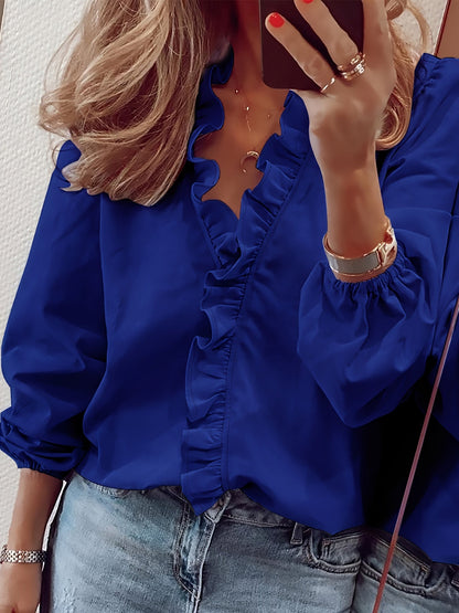 Damen Rüschenbluse Elegant Freizeit-Look V-Ausschnitt