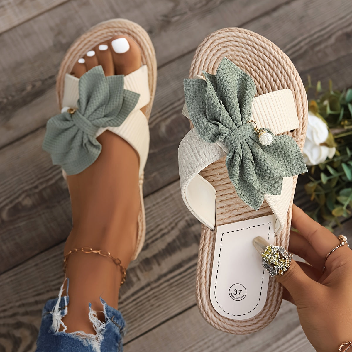 Damen Sommer Pantoletten mit Schleife – Bequeme Vintage Sandalen für Alltag und Freizeit
