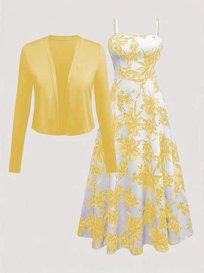 Elegantes Damen Kleid mit Blumenmuster und passendem Cardigan Set