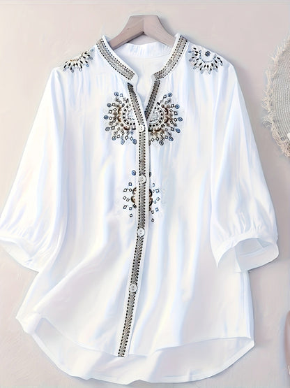 Damen Bluse Elegant Bestickt mit 3/4-Ärmeln für Freizeit und Büro