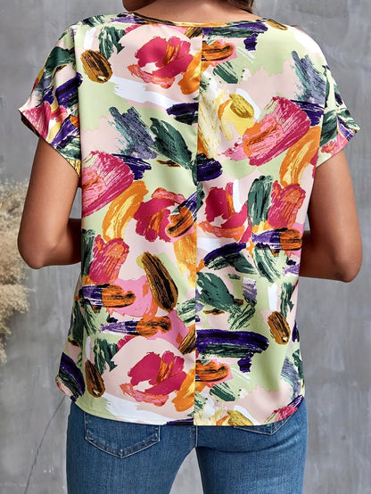 Damen Elegant Bluse mit künstlerischem Pinselstrich-Print – Sommer Freizeit Top