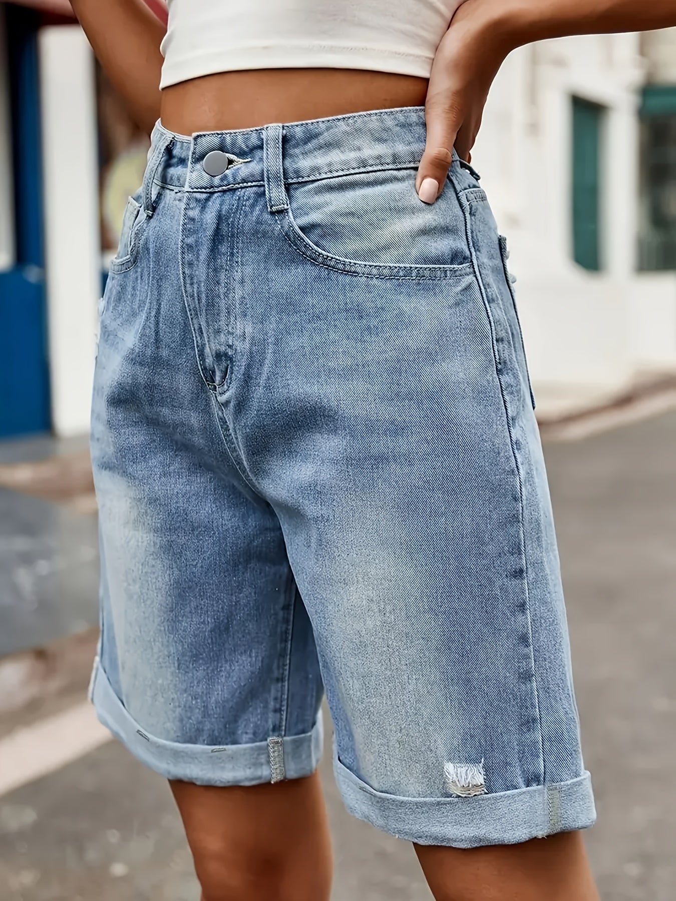 Damen Jeans-Bermuda Shorts im Casual Street Style – Hoher Bund, Used-Look, Sommermode