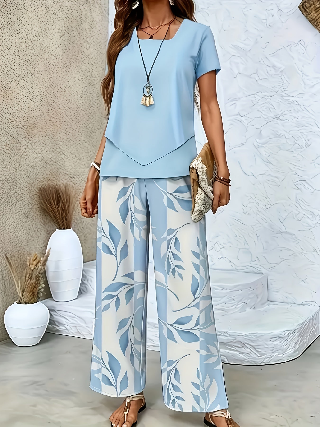 Damen Sommer Set Elegant Zweiteiler mit Weit Bein Hose und Kurzarm Shirt – Perfekt für Freizeit und Urlaub