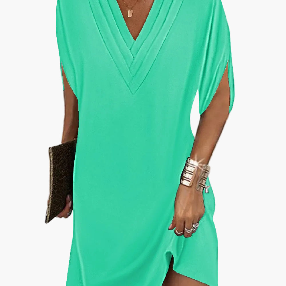 Damen Elegant Kleid mit V-Ausschnitt und Schlitzärmeln – Stilvoll für Alltag und Abend