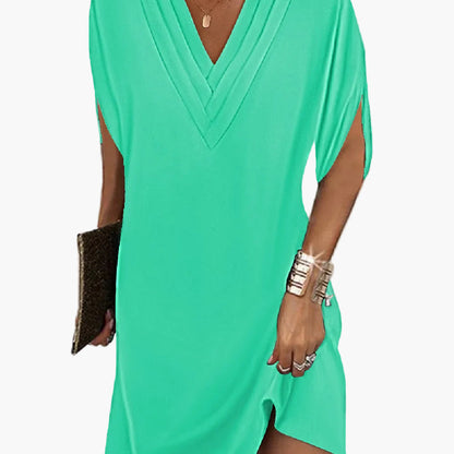 Damen Elegant Kleid mit V-Ausschnitt und Schlitzärmeln – Stilvoll für Alltag und Abend