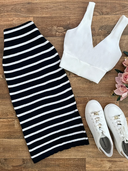 Damen Set Zweiteiler – Trendiges Crop Top und Gestreifter Midirock für Freizeit und Alltag