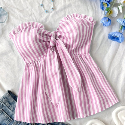 Damen Bandeau-Top mit Schleifen-Detail und Streifen – Stylisches, schulterfreies Oberteil für Freizeit und Ausgehen