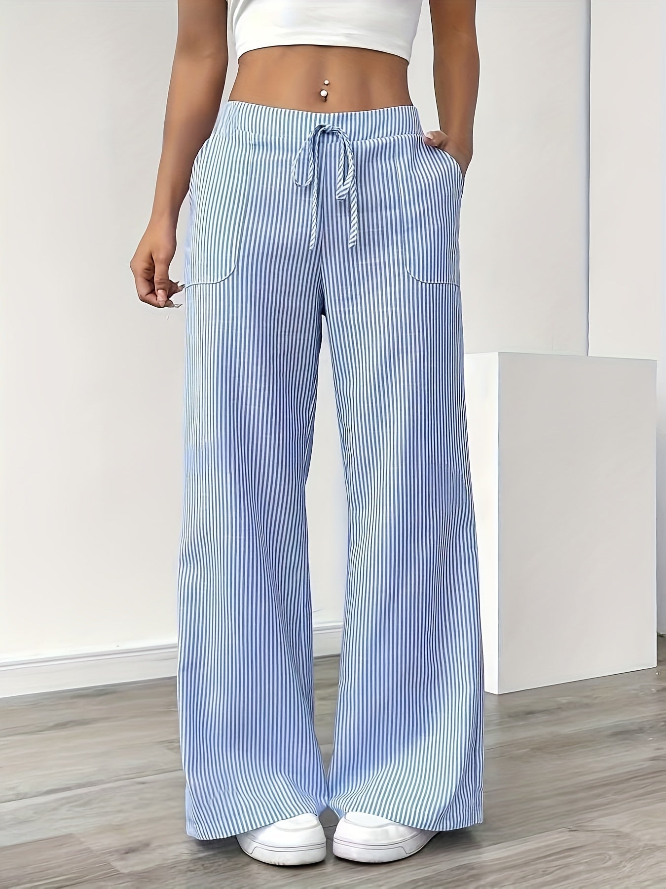 Damen Weite Casual Streifenhose mit Kordelzug – Bequeme Freizeithose für Alltag und Wochenende