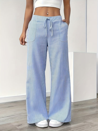 Damen Weite Casual Streifenhose mit Kordelzug – Bequeme Freizeithose für Alltag und Wochenende