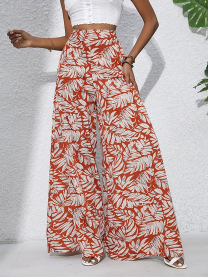 Damen Weite Palazzo-Hose mit tropischem Blattmuster – Sommerlich, Boho, Ideal für Strand & Freizeit