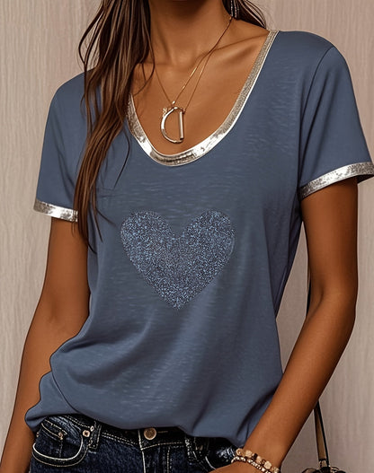 Damen T-Shirt mit Herzmotiv und Metallic-Details – Modisches Freizeitshirt, lässig und stilvoll