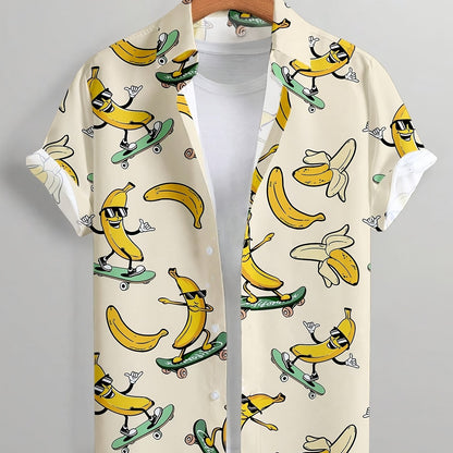 Herren Freizeit Hemd mit Skateboard-Banane Cartoon Print – Kurzarm, Lustiger Stil für Alltag & Party