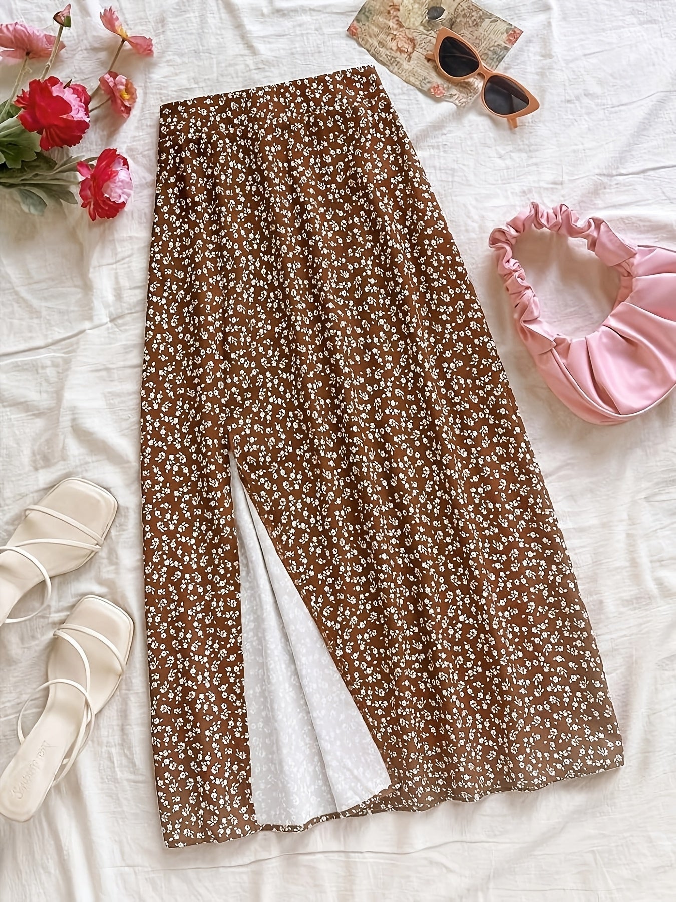 Damen Midi-Rock mit Blumenmuster und Schlitz – Eleganter Freizeitrock für Alltag & Ausgehen