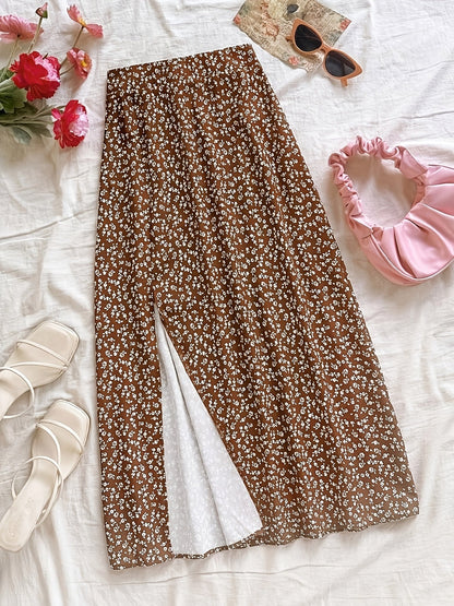 Damen Midi-Rock mit Blumenmuster und Schlitz – Eleganter Freizeitrock für Alltag & Ausgehen