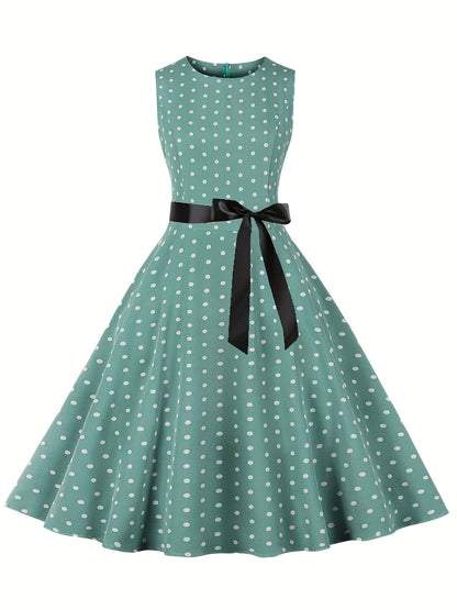 Damen Vintage Rockabilly Polka Dots Kleid mit Schleifen-Gürtel, Elegant, Ärmelos, Festlich & Alltag