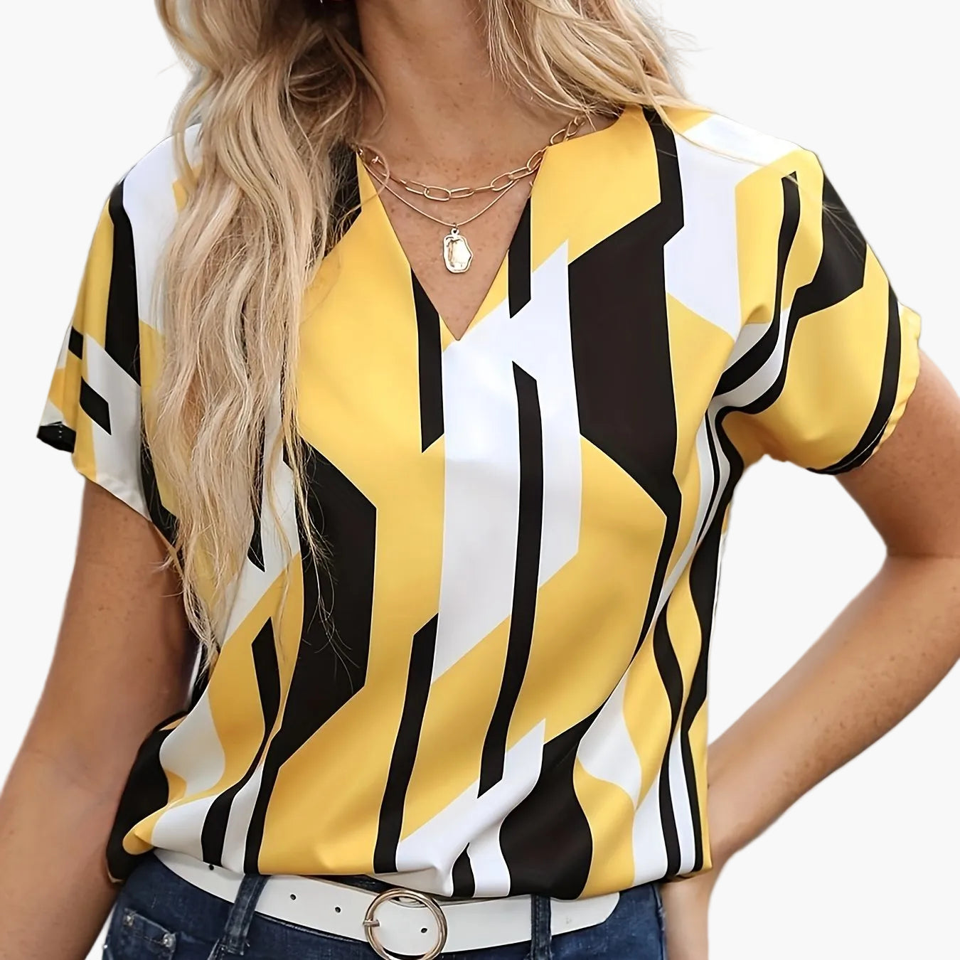 Damen Vintage Bluse mit geometrischem Muster und V-Ausschnitt – Modisches Büro & Freizeitshirt