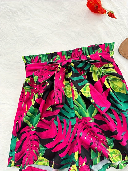 Damen Zweiteiler Set – Stylisches Top mit Tropenmuster Shorts für Urlaub und Freizeit