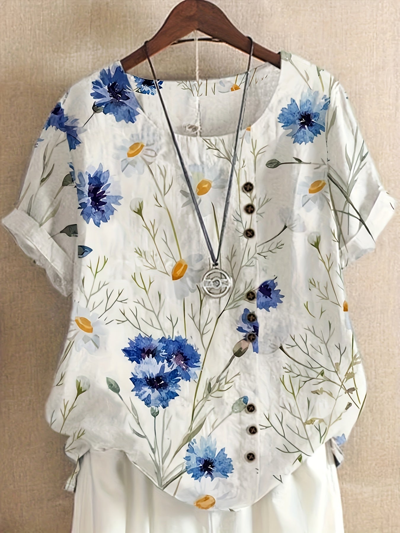 Damen Vintage Bluse mit Blumenmuster und Knopfleiste – Sommer Freizeitshirt