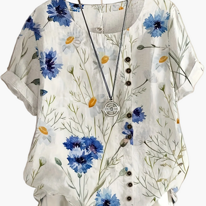 Damen Vintage Bluse mit Blumenmuster und Knopfleiste – Sommer Freizeitshirt