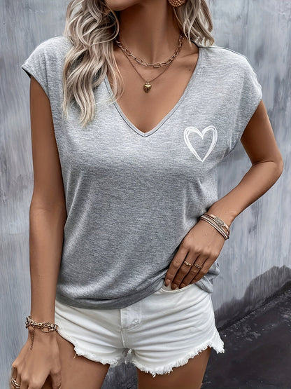 Damen T-Shirt mit Herz-Print und V-Ausschnitt – Lässiger Sommerstil für Freizeit und Alltag