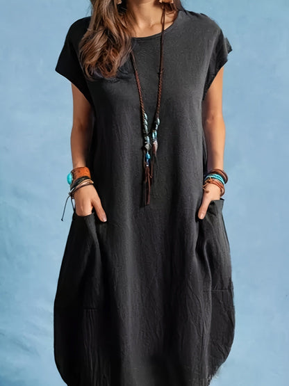 Damen Freizeitkleid Lockeres Tunika Sommerkleid mit Taschen – Bequemes Alltagskleid im Boho-Stil