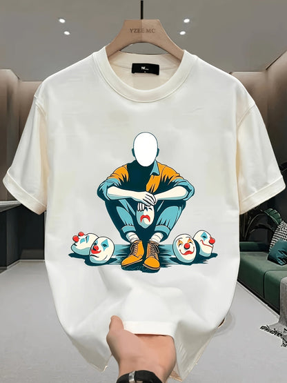 Herren T-Shirt mit künstlerischem Print – Abstrakte Figur und Clownsmasken, Modernes Streetwear Design