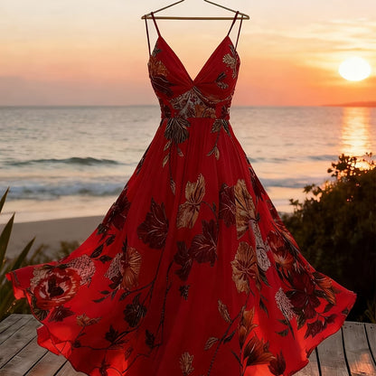 Damen Maxi Kleid mit Blumenmuster und schwingendem Rock – Eleganter Boho Stil für besondere Anlässe