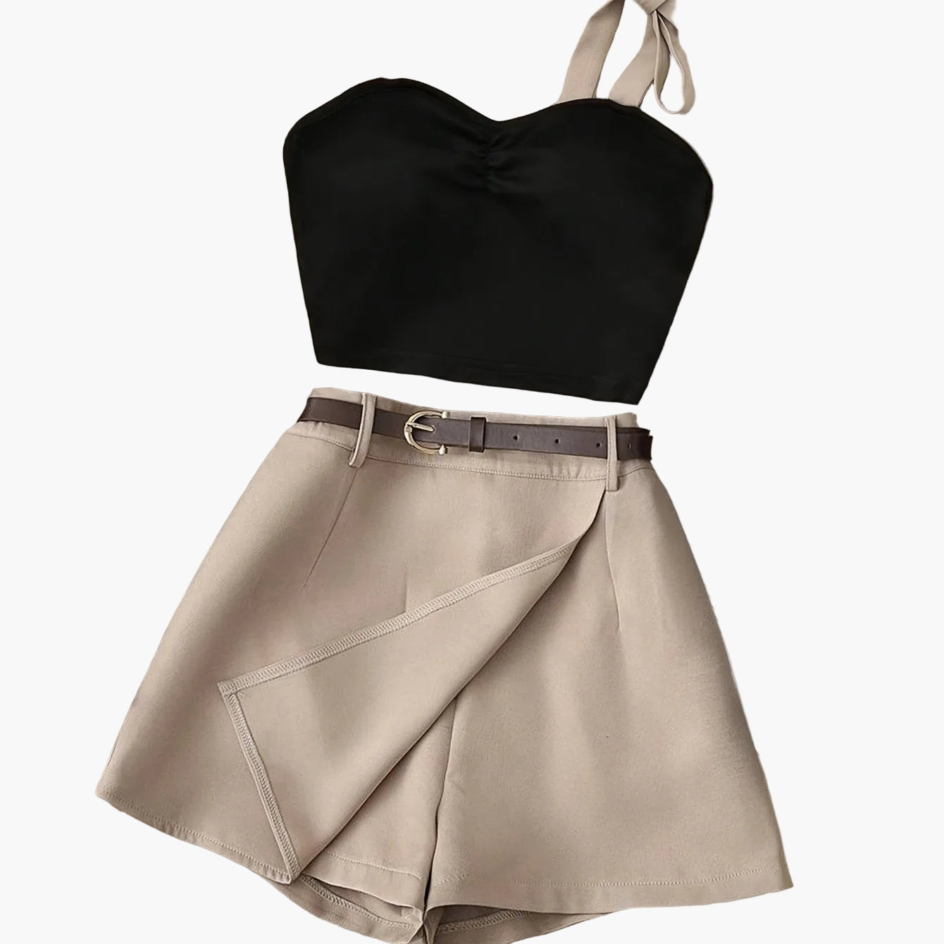 Damen Zweiteiler Set mit Schleifen-Trägertop und Wickelshorts – Eleganter Freizeit-Look