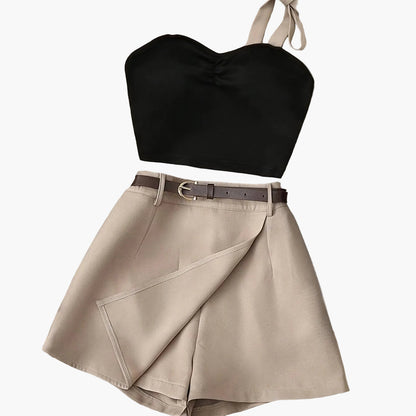 Damen Zweiteiler Set mit Schleifen-Trägertop und Wickelshorts – Eleganter Freizeit-Look