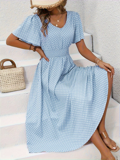 Damen Sommerkleid mit Punkten, V-Ausschnitt, elegant und luftig für Alltag & Urlaub