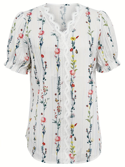 Damen Bluse Elegant mit Blumenmuster und Rüschenausschnitt – Perfekt für Freizeit und Sommer