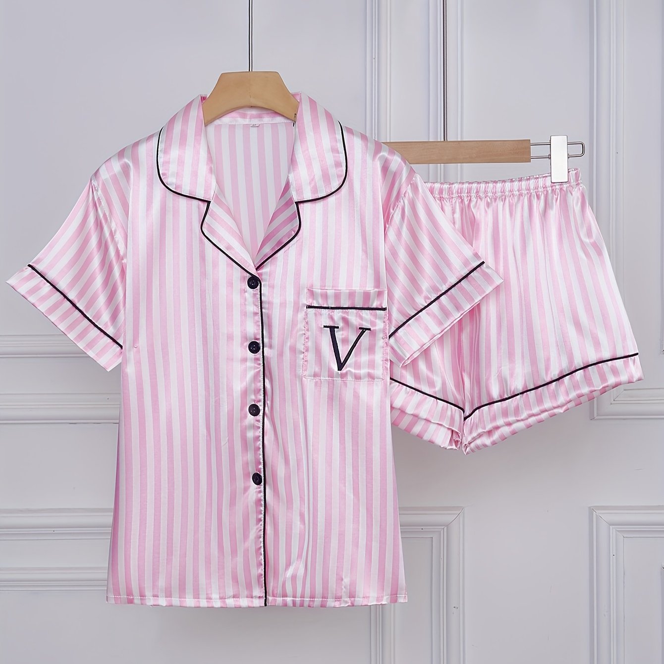 Damen Satin Pyjama Set mit Streifen, Kurzarm, Klassischer Schlafanzug für Frühling und Sommer