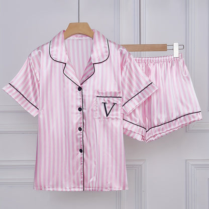 Damen Satin Pyjama Set mit Streifen, Kurzarm, Klassischer Schlafanzug für Frühling und Sommer