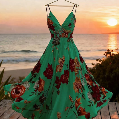 Damen Maxi Kleid mit Blumenmuster und schwingendem Rock – Eleganter Boho Stil für besondere Anlässe