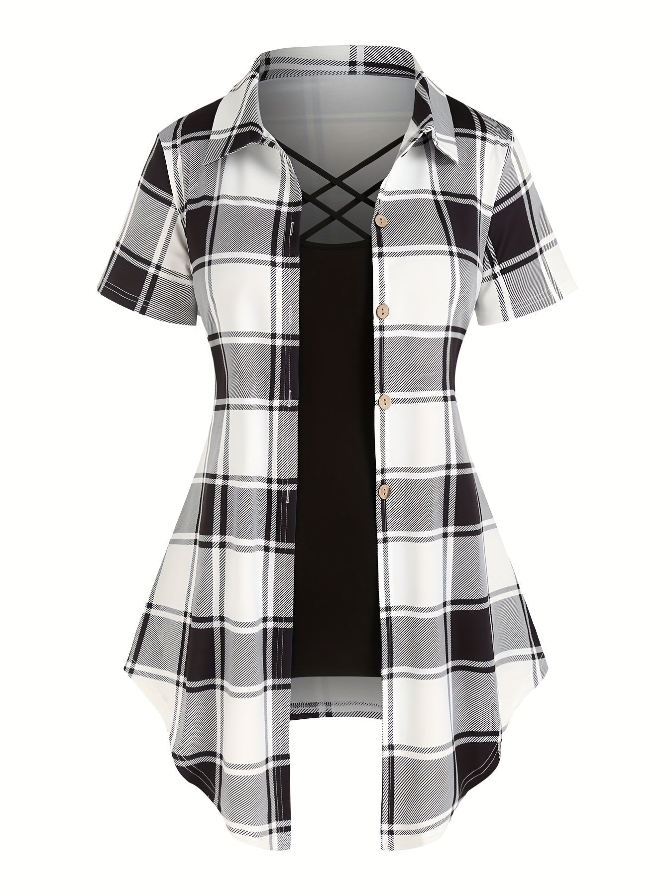 Damen Tunika Bluse mit Karomuster und modischem Überwurf, Elegant für Alltag und Büro