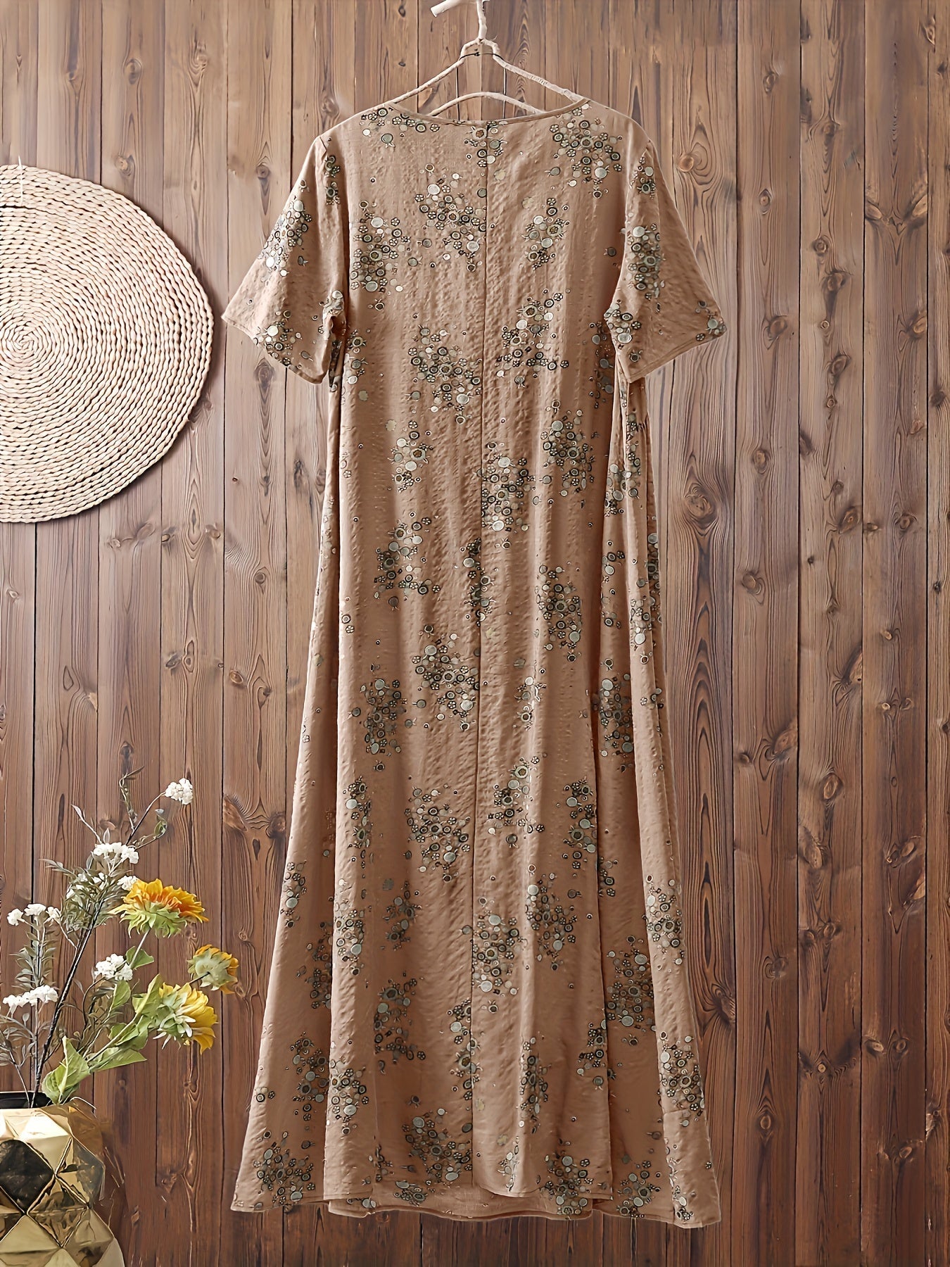 Damen Maxikleid Boho-Stil Vintage Tunika Sommerkleid mit Blumenmuster