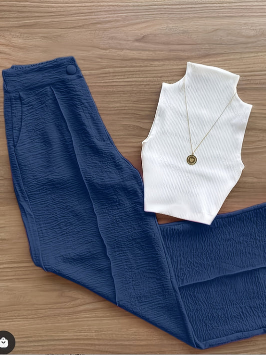 Damen Elegantes Set – Ärmelloses Oberteil mit Stehkragen und Weite Hose, Perfekt für Büro und Alltag