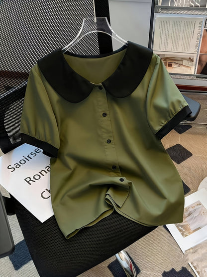 Damen Bluse im Vintage-Stil mit Kontrastkragen und kurzen Ärmeln – Elegante Alltagsmode
