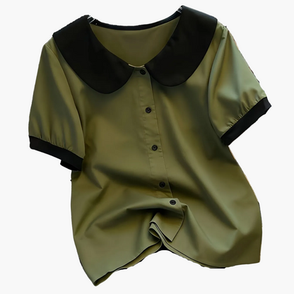 Damen Bluse im Vintage-Stil mit Kontrastkragen und kurzen Ärmeln – Elegante Alltagsmode