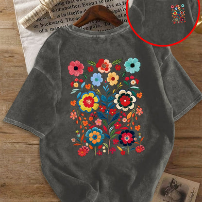 Damen Oversize T-Shirt mit Blumenstickerei – Lässiger Sommer-Look, Vintage Stil