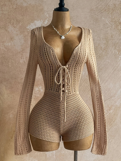 Damen Boho Strick Einteiler mit Schnürung und tiefem Ausschnitt – Perfekt für Strand & Urlaub