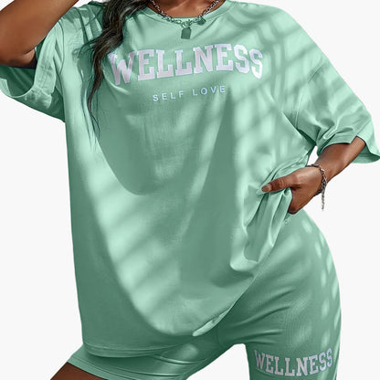 Damen Wellness Lounge Set Oversize T-Shirt & Radlerhose – Entspanntes Freizeit-Outfit mit Motivdruck