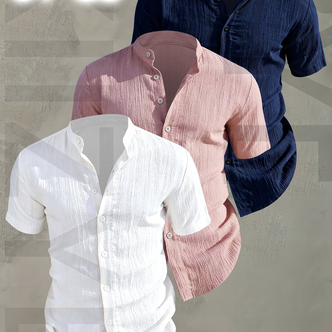 Herren 3er-Pack Freizeithemd mit Stehkragen, Kurzarm, Modernes Design, Knopfleiste