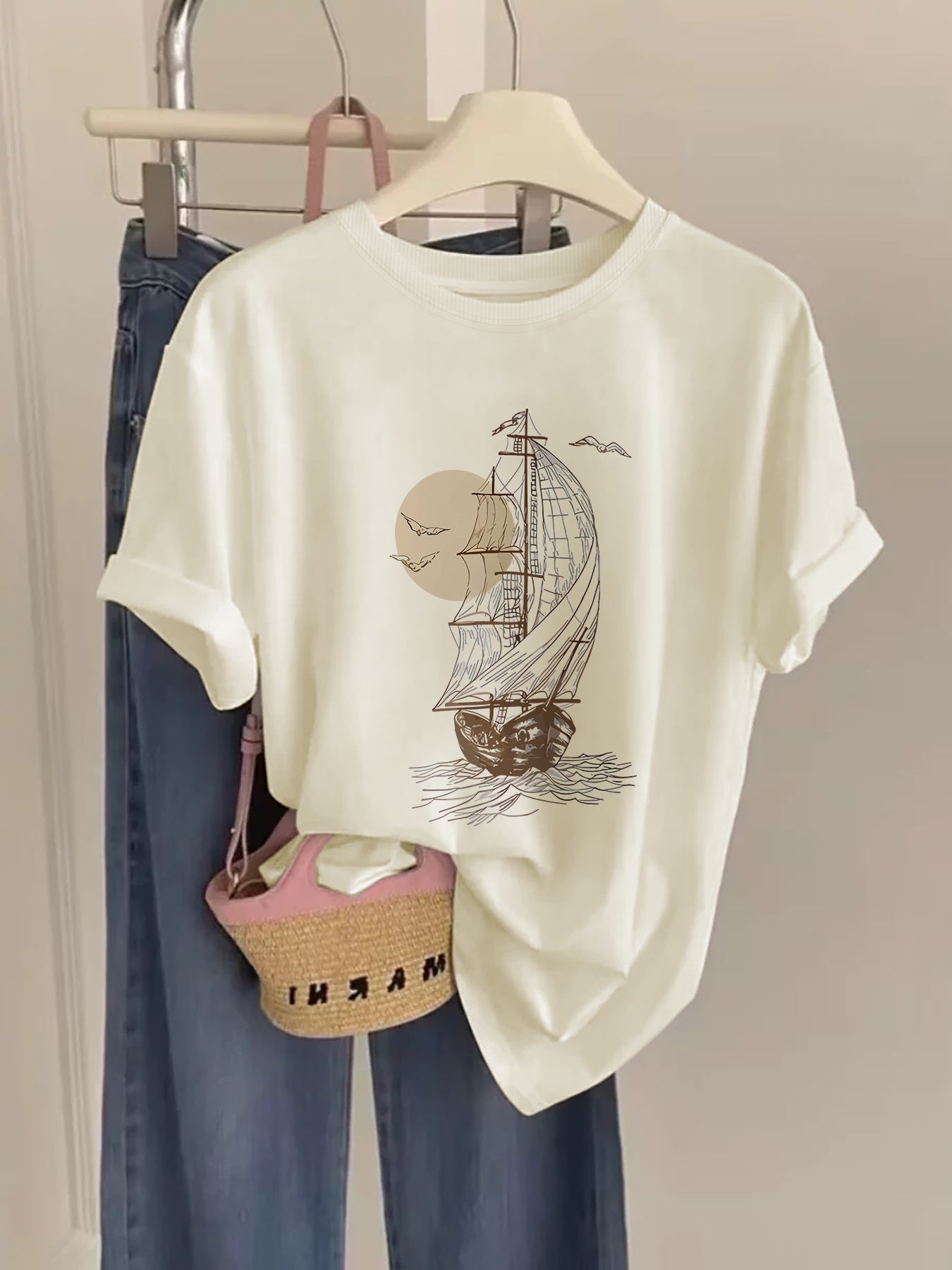 Damen Vintage T-Shirt mit Segelschiff Print – Lockeres Freizeitshirt im maritimen Stil